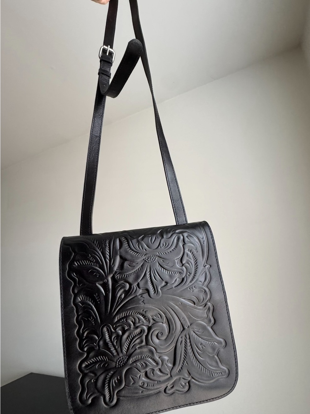 Embossed Black Floral Leather Crossbody Bag - Picture 2 of 10